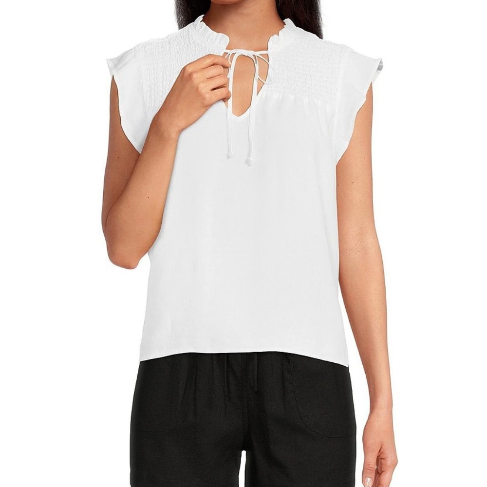Cloth & Stone Smocked Ruffled Split V-Neck Top